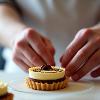 Pastry Chef Liam Chen adding finishing touches to a dessert