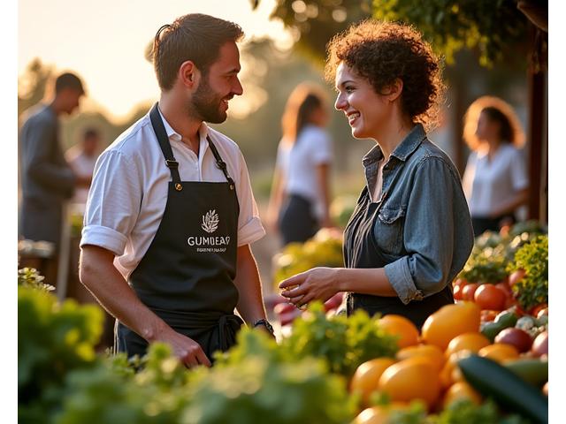 Melbourne chefs collaborating with a local farmer at a vibrant produce market