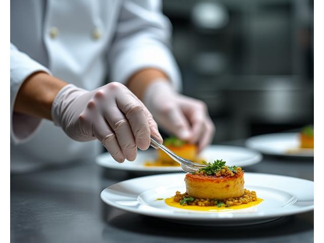 A chef's hands preparing a bespoke dish tailored for individual dietary needs in a professional kitchen.