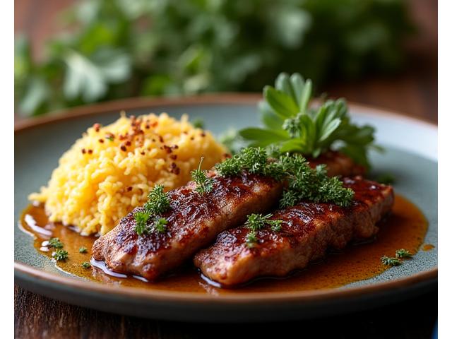 A exquisitely prepared Halal-certified lamb dish with fresh herbs and spices.