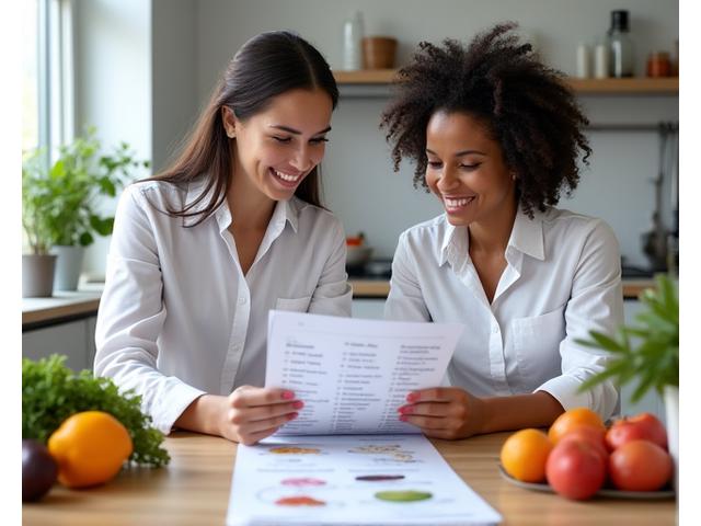 A professional dietitian or nutritionist reviewing a balanced meal plan with a client, surrounded by fresh ingredients and a healthy food pyramid chart.