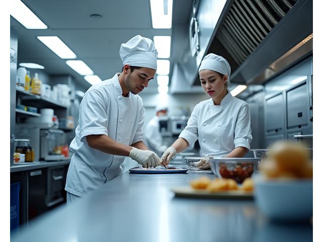 A pristine, modern commercial kitchen with chefs wearing gloves and masks meticulously preparing food, emphasizing cleanliness and safety.