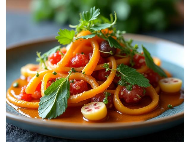 Artistically presented gourmet vegan entree with vibrant colors and intricate plating.