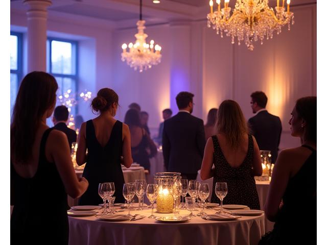 Elegant charity gala dinner, guests dressed formally, silent auction in background