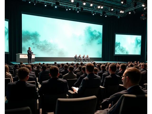 Professional corporate conference with high-tech displays, attendees engaged