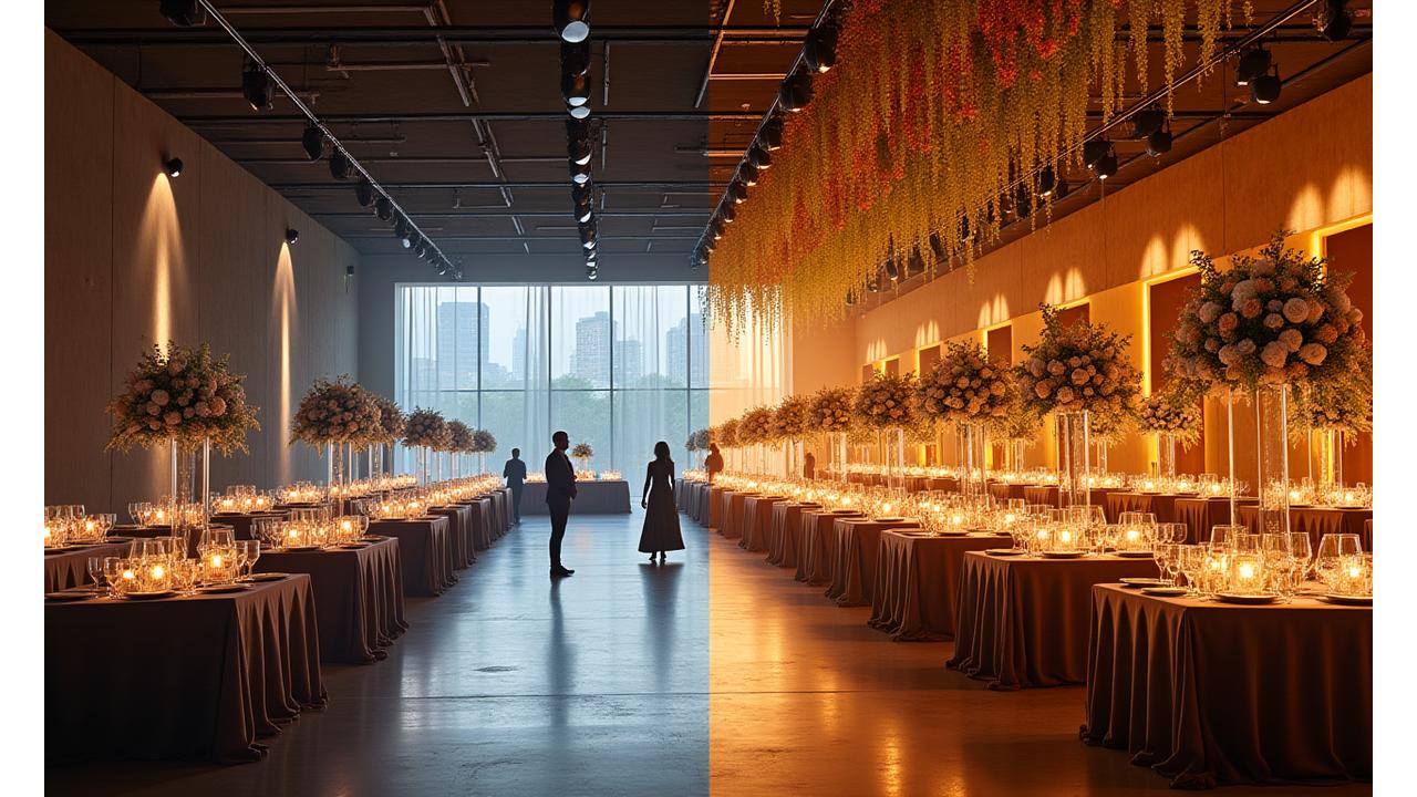 Before and after of a beautifully transformed event space, showcasing effective event planning