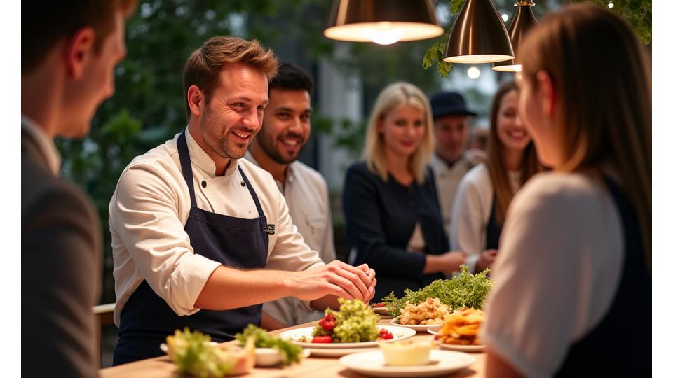 A charismatic chef smiling and interacting with guests across a cooking station, gesturing towards a dish as guests look on with interest.