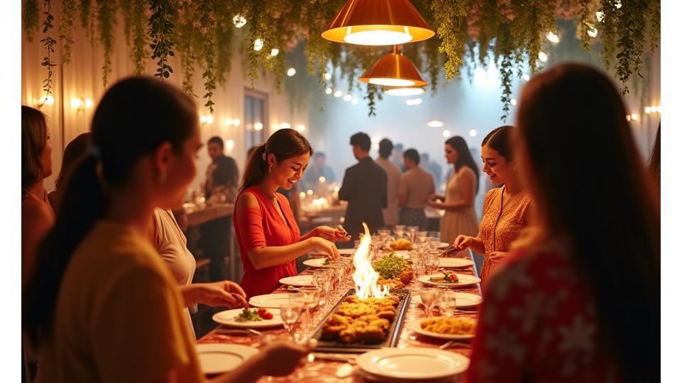 A festive event space with a beautifully decorated interactive food station as the centerpiece, lively guests mingling and enjoying the experience.
