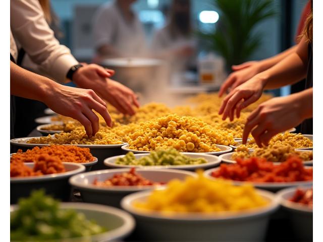 Guests choosing sauces at a fresh pasta station with a chef preparing pasta in the background at a lively event.