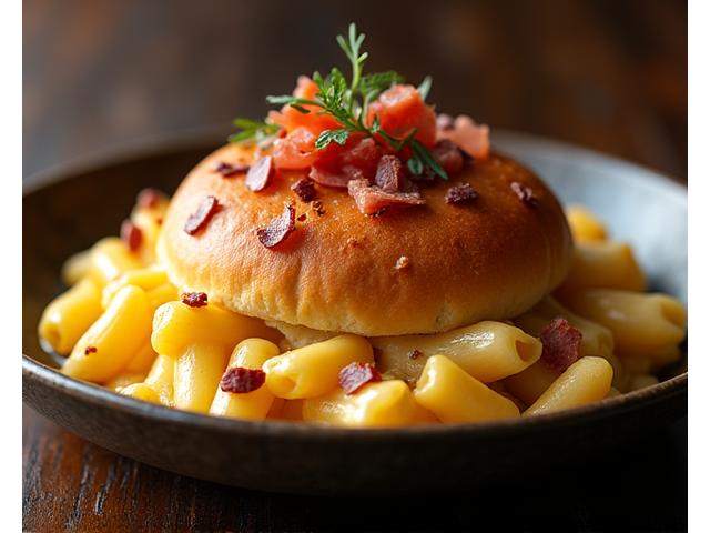 Gourmet mac and cheese with truffle and crispy pancetta, elevated comfort food