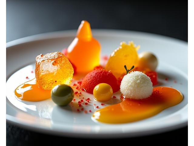 Experimental dish with foam, spheres, and vibrant colours, representing molecular gastronomy