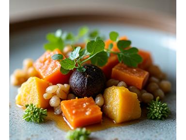 Exquisitely presented vegan entree with colourful vegetables and herbs