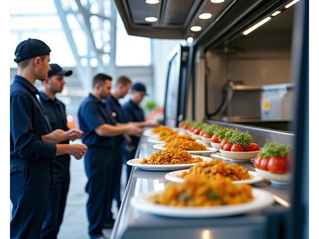 Mobile catering van serving workers at a construction site