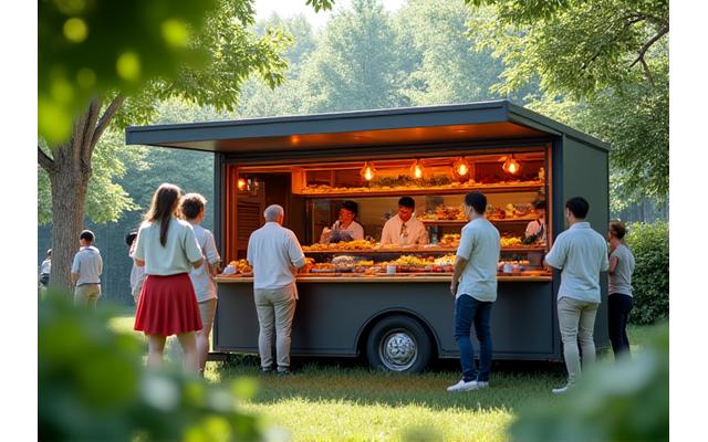 Professional mobile serving station with food displays outdoors