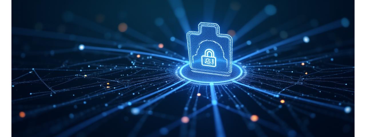 Abstract representation of data security with connected nodes and a shield icon.