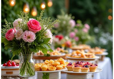 Guests enjoying a vibrant garden party with catering setup.