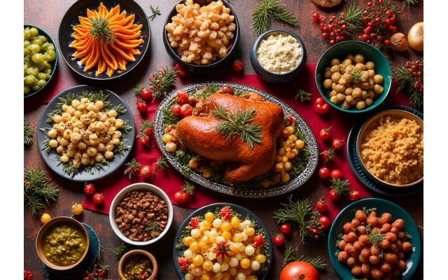 Vibrant holiday table set with festive food and decorations.
