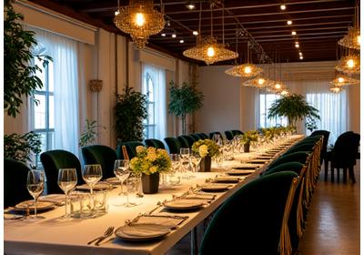 Elegant long table setup in a private event venue.