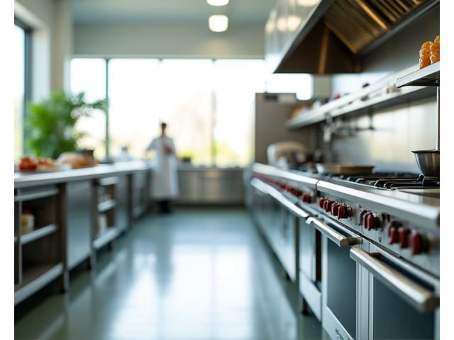 A modern commercial kitchen using energy-efficient ovens illuminated by natural light