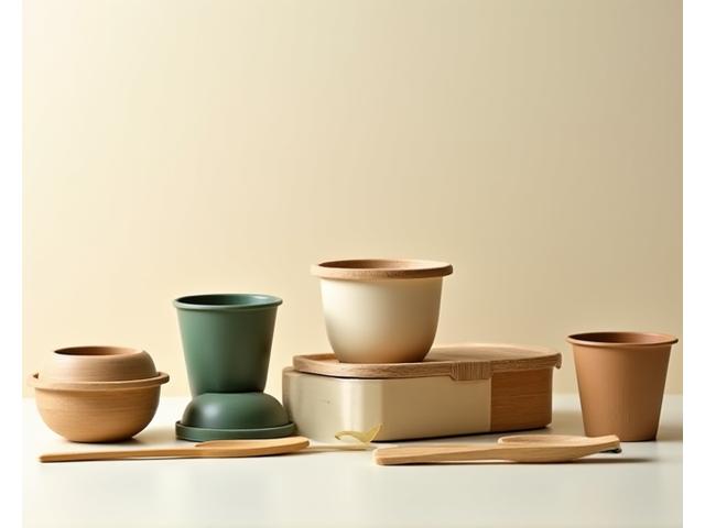 Assortment of modern, stylish compostable food containers and cutlery made from plant-based materials