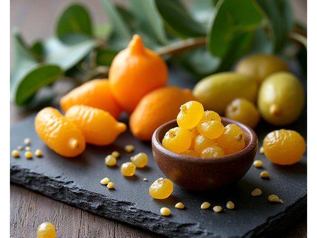 Bush tucker ingredients, such as wattleseed and finger lime, beautifully presented on a wooden board