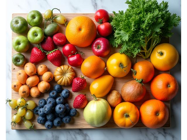 A diverse assortment of colorful seasonal fruits and vegetables arranged artfully