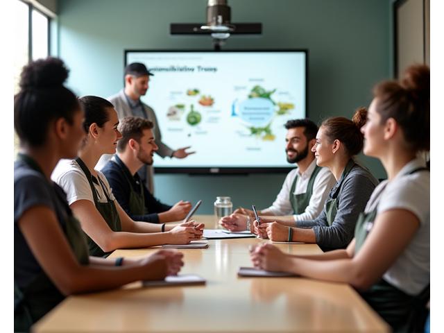 A diverse group of Gumleaf Provisions catering staff attending a sustainability training session, engaged and taking notes