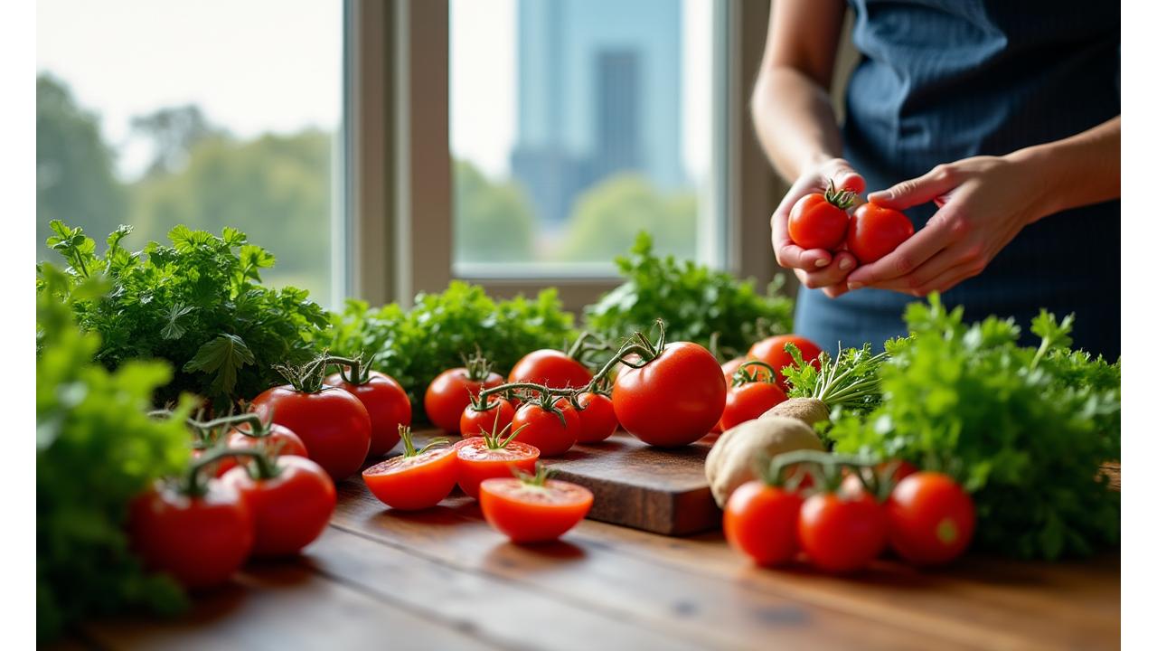 Fresh, sustainably sourced produce laid out on a rustic wooden table with hands gently arranging vegetables, bathed in natural light. A blurred Melbourne cityscape is in the background.