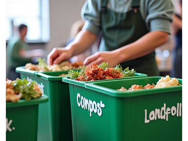 A person sorting waste into clearly labelled bins for compost, recycling, and landfill